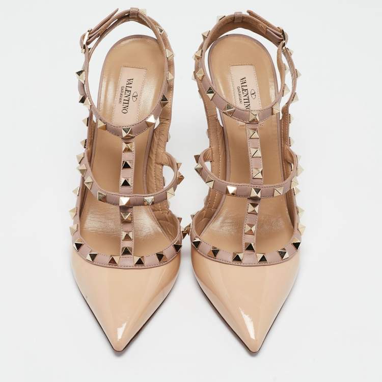 Pre Owned Valentino Beige Patent Leather Rockstud Ankle Strap Pumps Size 41