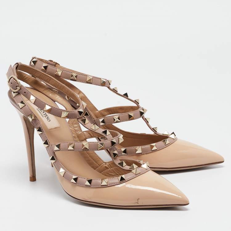 Pre Owned Valentino Beige Patent Leather Rockstud Ankle Strap Pumps Size 41