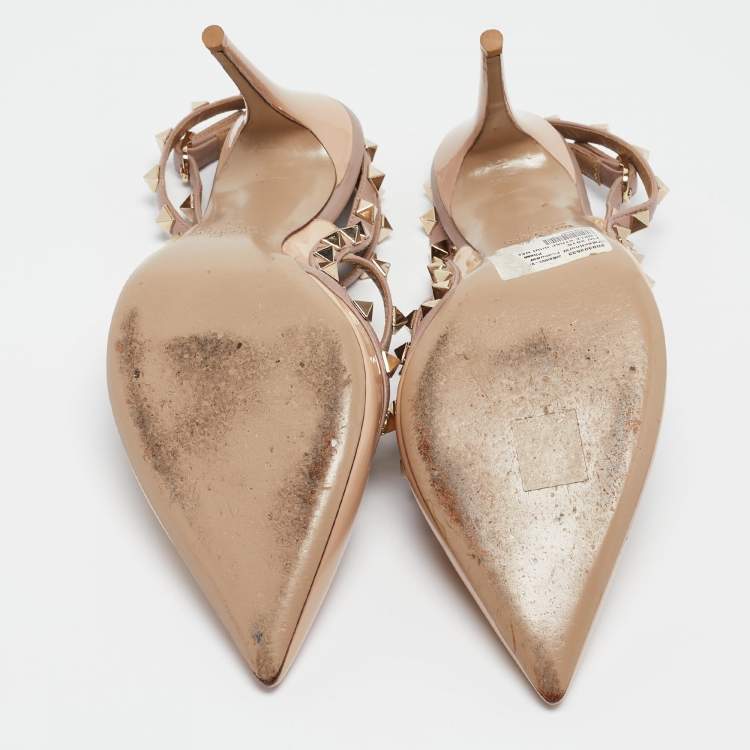 Pre Owned Valentino Beige Patent Leather Rockstud Ankle Strap Pumps Size 41