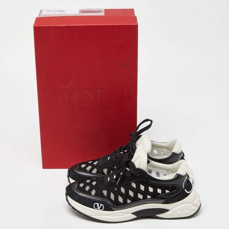 Pre Owned Valentino Black Leather,Suede and Neoprene Lace Up Sneakers Size 36