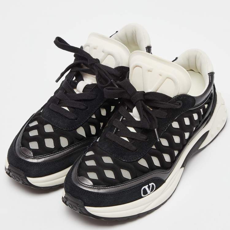 Pre Owned Valentino Black Leather,Suede and Neoprene Lace Up Sneakers Size 36