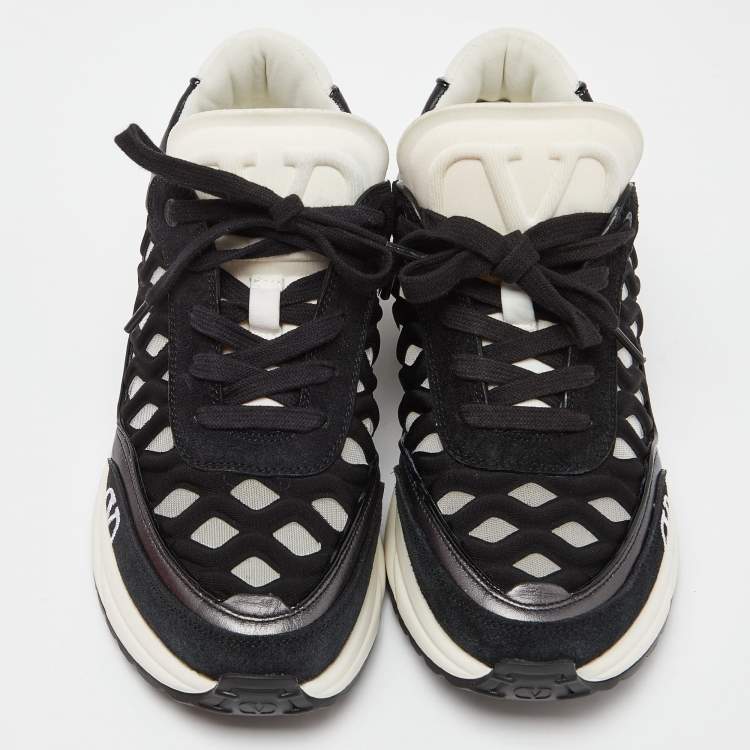 Pre Owned Valentino Black Leather,Suede and Neoprene Lace Up Sneakers Size 36