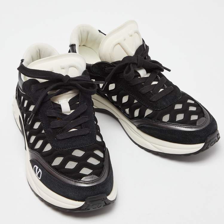 Pre Owned Valentino Black Leather,Suede and Neoprene Lace Up Sneakers Size 36