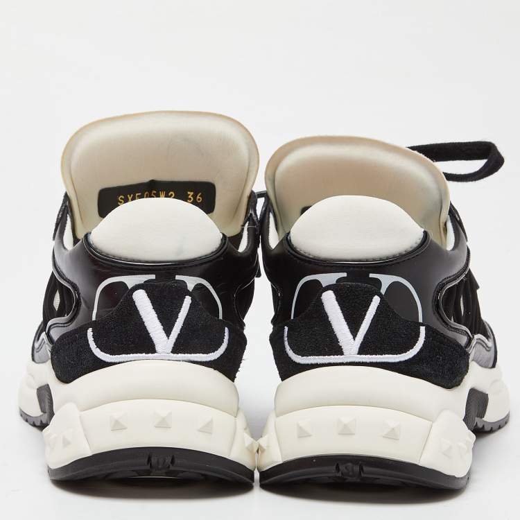 Pre Owned Valentino Black Leather,Suede and Neoprene Lace Up Sneakers Size 36