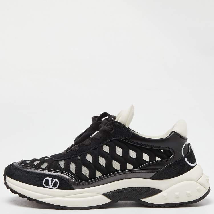 Pre Owned Valentino Black Leather,Suede and Neoprene Lace Up Sneakers Size 36