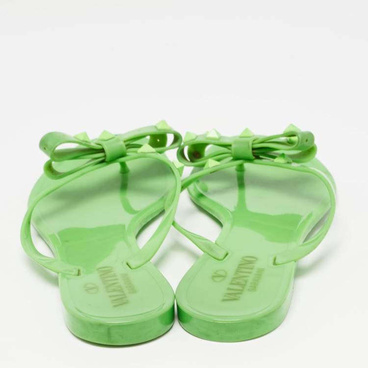 Pre Owned Valentino Green Jelly Rockstud Flat Slides Size 38