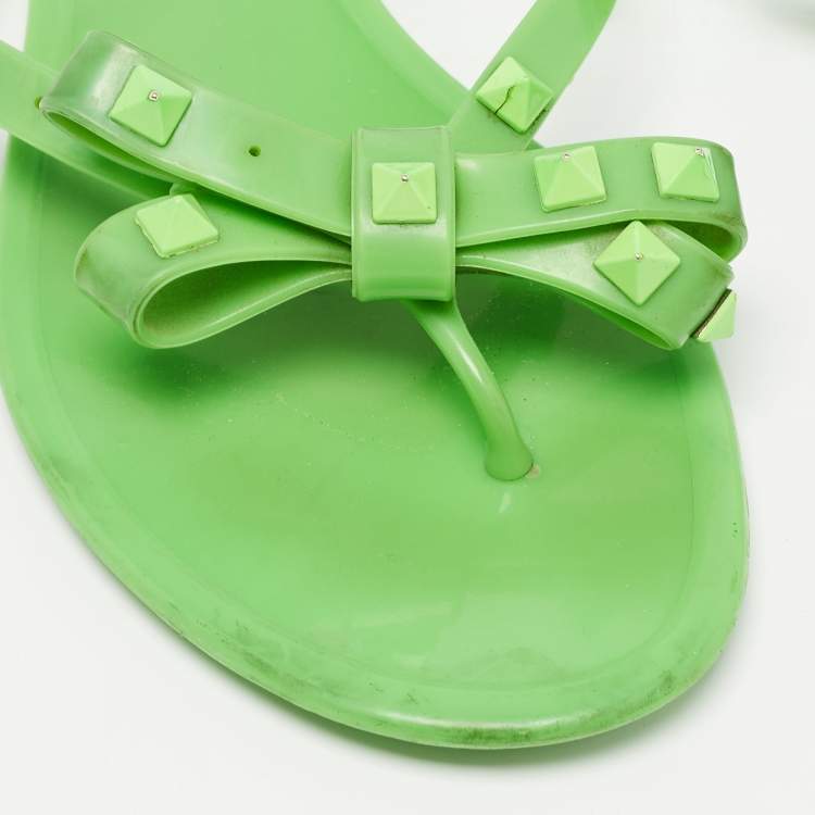 Pre Owned Valentino Green Jelly Rockstud Flat Slides Size 38