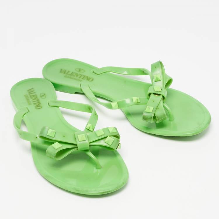 Pre Owned Valentino Green Jelly Rockstud Flat Slides Size 38
