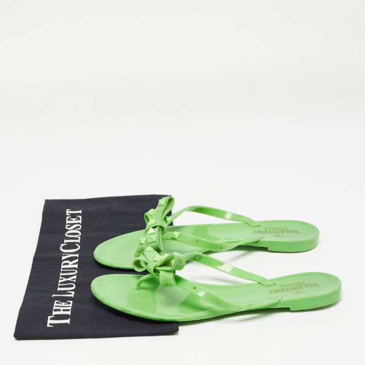 Pre Owned Valentino Green Jelly Rockstud Flat Slides Size 38