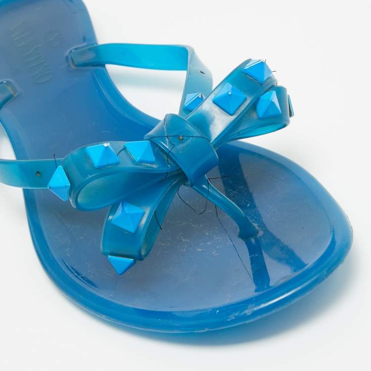 Pre Owned Valentino Blue Rubber Rockstud Thong Flat Sandals Size 38