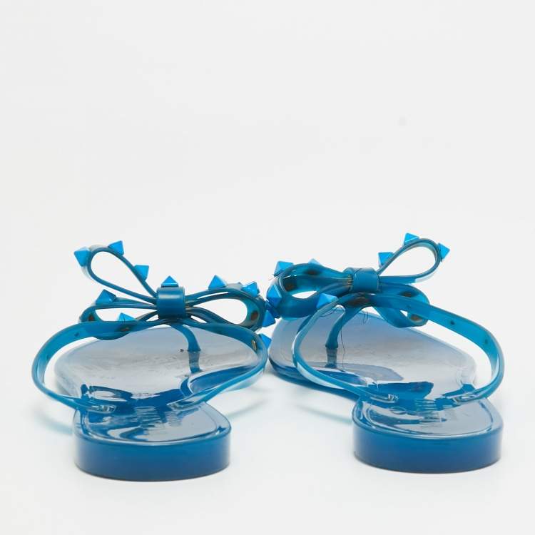 Pre Owned Valentino Blue Rubber Rockstud Thong Flat Sandals Size 38