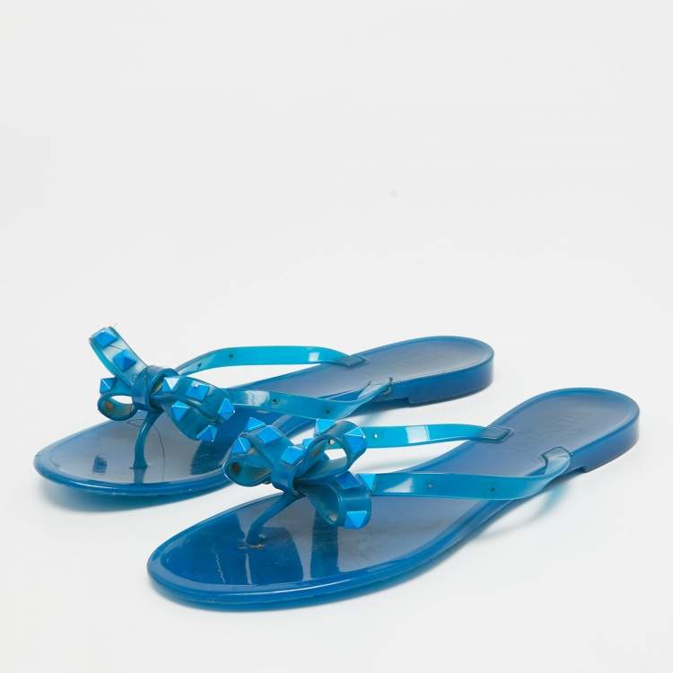 Pre Owned Valentino Blue Rubber Rockstud Thong Flat Sandals Size 38