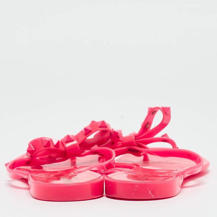 Pre Owned Valentino Pink Rubber Rockstud Slide Flats Size 38