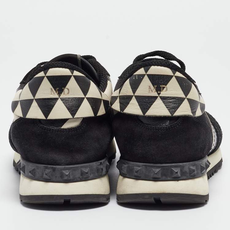 Pre Owned Valentino Black/White Camo Print Leather and Canvas Rockrunner Sneakers Size 39.5