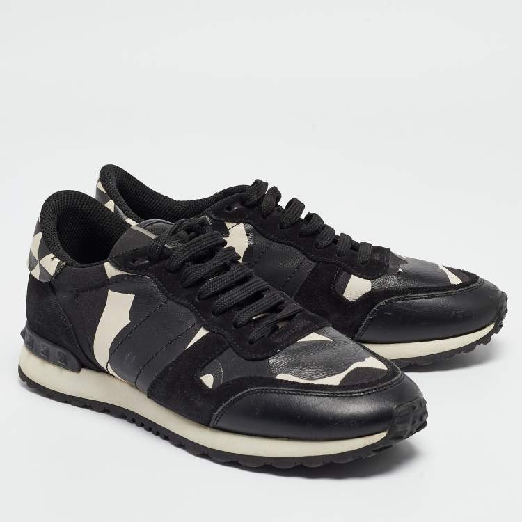 Pre Owned Valentino Black/White Camo Print Leather and Canvas Rockrunner Sneakers Size 39.5