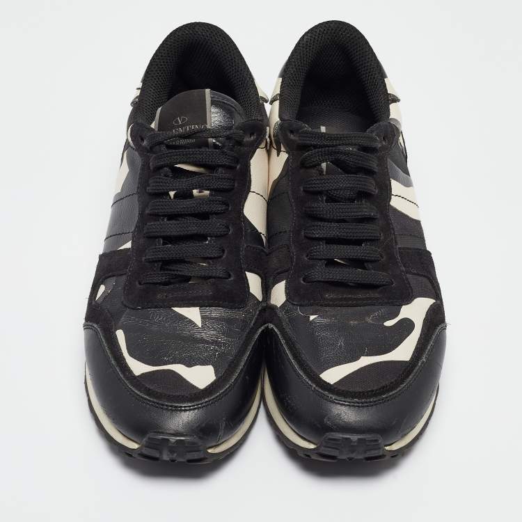 Pre Owned Valentino Black/White Camo Print Leather and Canvas Rockrunner Sneakers Size 39.5