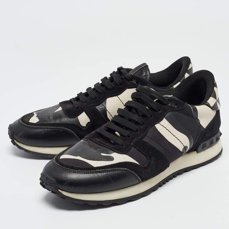 Valentino Black White Camo Print Leather and Canvas Rockrunner Sneakers Size 39.5 Valentino TLC