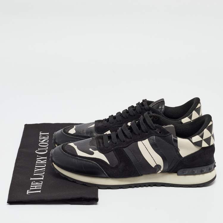 Pre Owned Valentino Black/White Camo Print Leather and Canvas Rockrunner Sneakers Size 39.5