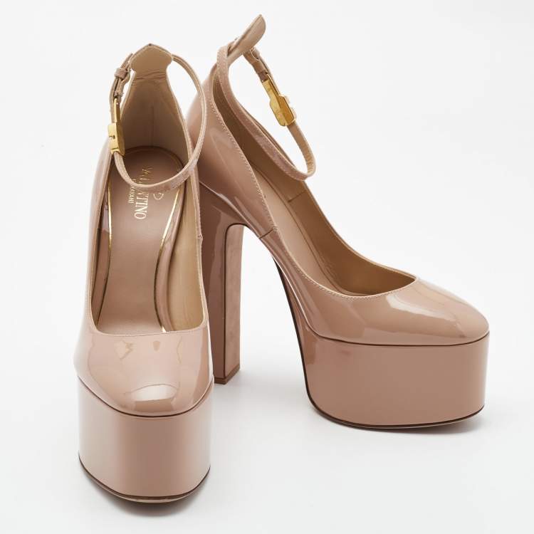 Pre Owned Valentino Beige Patent Tango Ankle Strap Pumps Size 39
