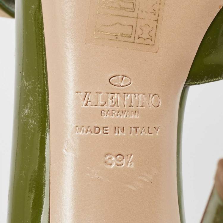 Pre Owned Valentino Army Green Patent Leather Rockstud Bow Open Toe D'orsay Pumps Size 39.5