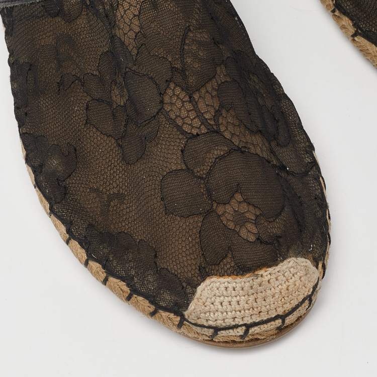 Pre Owned Valentino Black Floral Lace Espadrille Flats Size 40