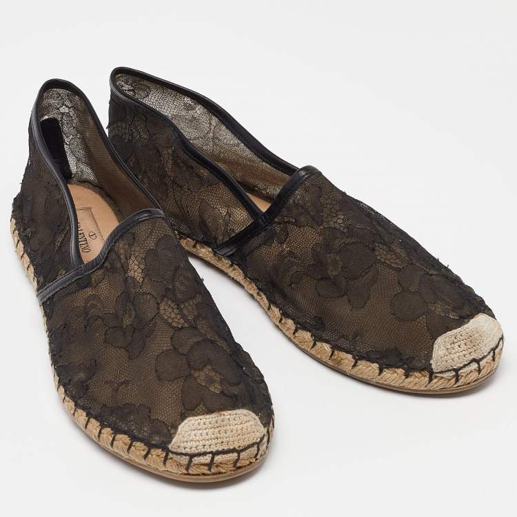 Pre Owned Valentino Black Floral Lace Espadrille Flats Size 40