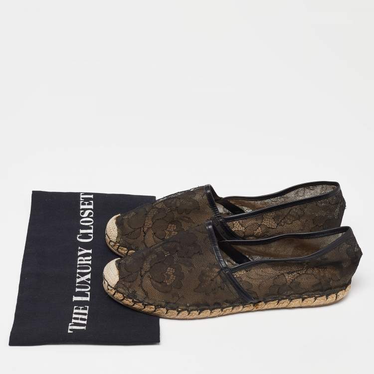 Pre Owned Valentino Black Floral Lace Espadrille Flats Size 40