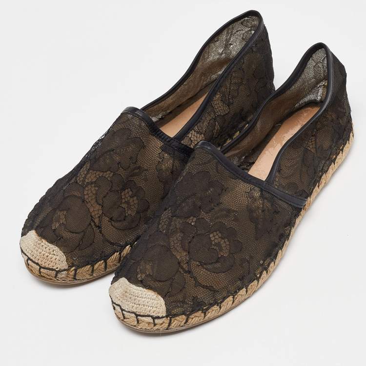 Pre Owned Valentino Black Floral Lace Espadrille Flats Size 40
