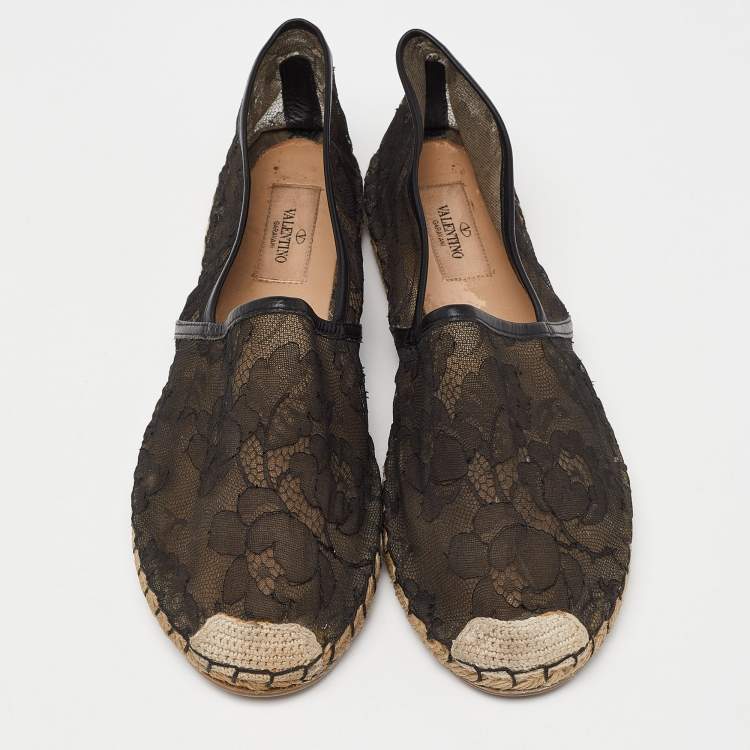 Pre Owned Valentino Black Floral Lace Espadrille Flats Size 40