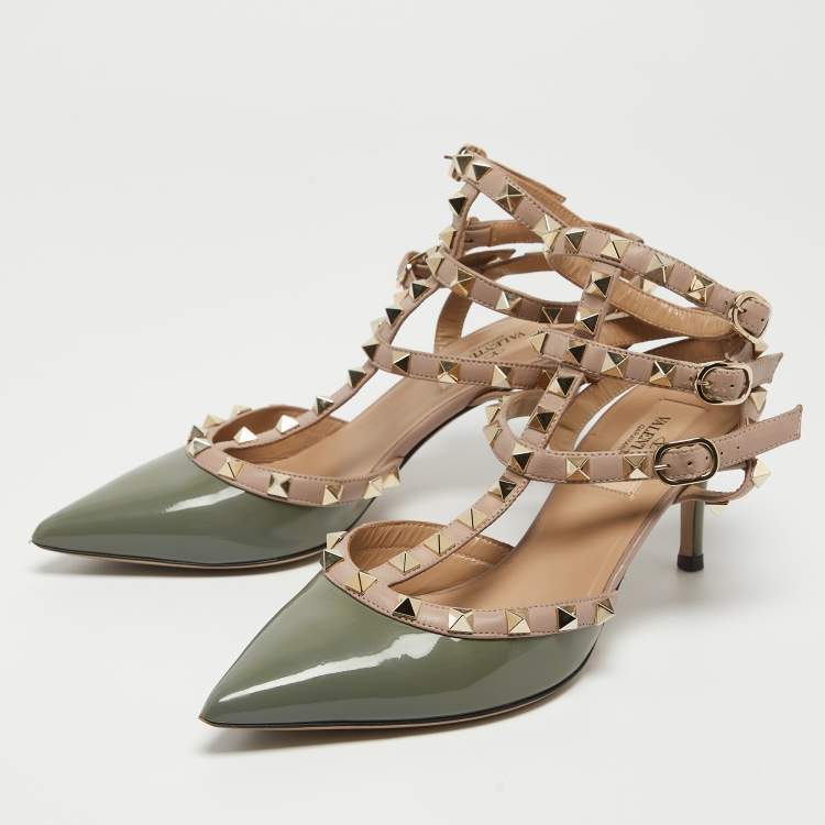 Pre Owned Valentino Green/Beige Patent and Leather Rockstud Cage Pumps Size 37