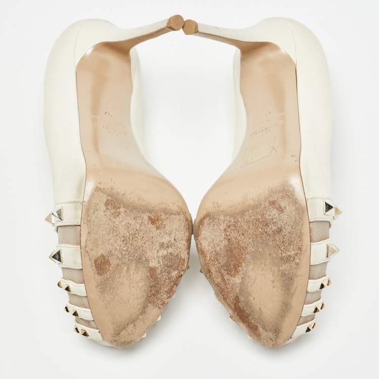 Pre Owned Valentino White Leather and Mesh Rockstud Peep Toe Platform Pumps Size 37