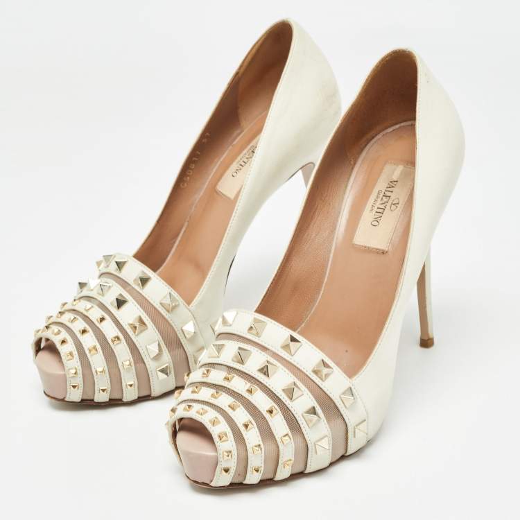 Pre Owned Valentino White Leather and Mesh Rockstud Peep Toe Platform Pumps Size 37