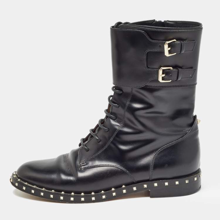 Pre Owned Valentino Black Leather Studded Accents Combat Boots Size 39.5