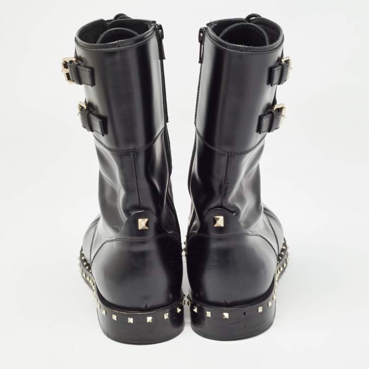 Pre Owned Valentino Black Leather Studded Accents Combat Boots Size 39.5