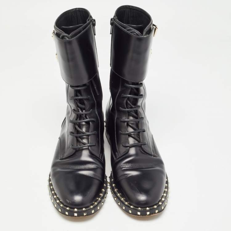 Pre Owned Valentino Black Leather Studded Accents Combat Boots Size 39.5