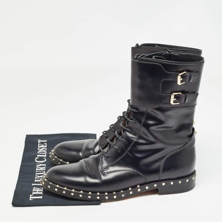 Pre Owned Valentino Black Leather Studded Accents Combat Boots Size 39.5