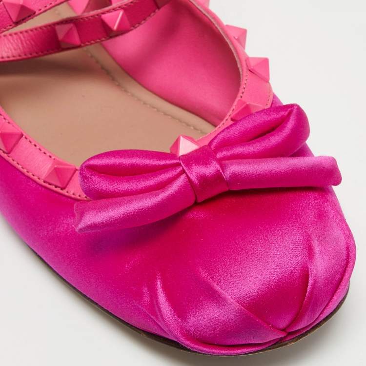 Pre Owned Valentino Pink Satin and Leather Rockstud Ankle Strap Ballet Flats Size 39.5