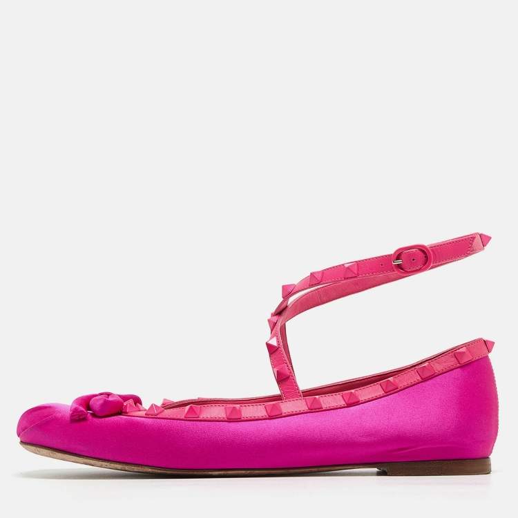 Pre Owned Valentino Pink Satin and Leather Rockstud Ankle Strap Ballet Flats Size 39.5