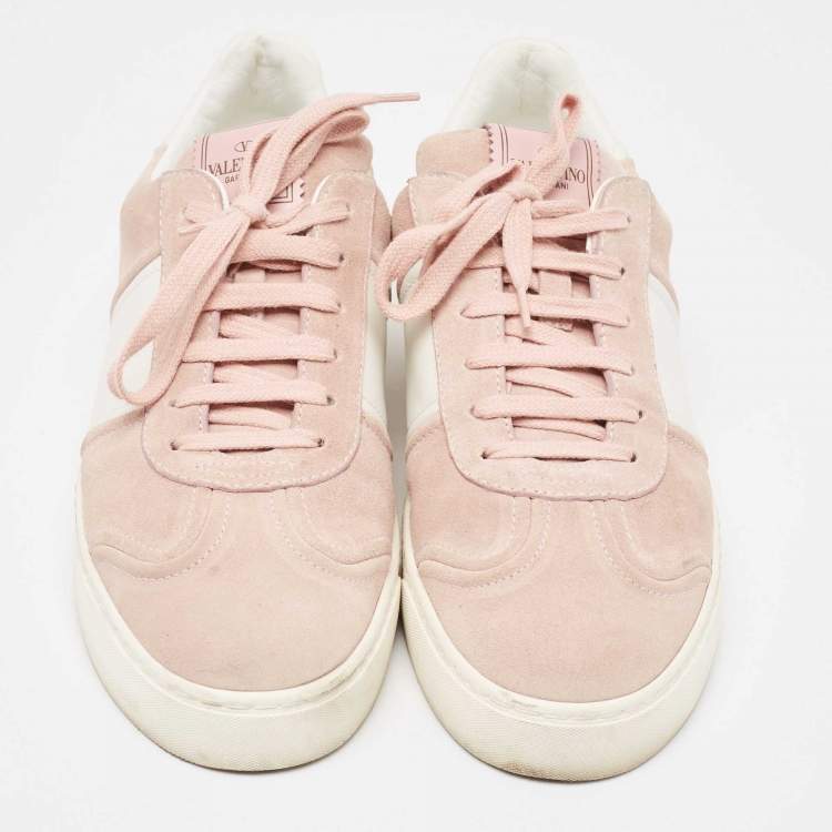 Pre Owned Valentino Light Pink/White Suede and Leather Fly Crew Low Top Sneakers Size 39