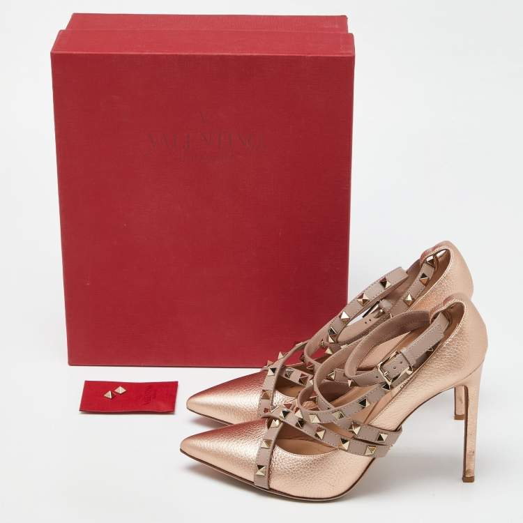 Pre Owned Valentino Metallic/Pink Leather Rockstud Crisscross Wrap Pointed Toe Pumps Size 41