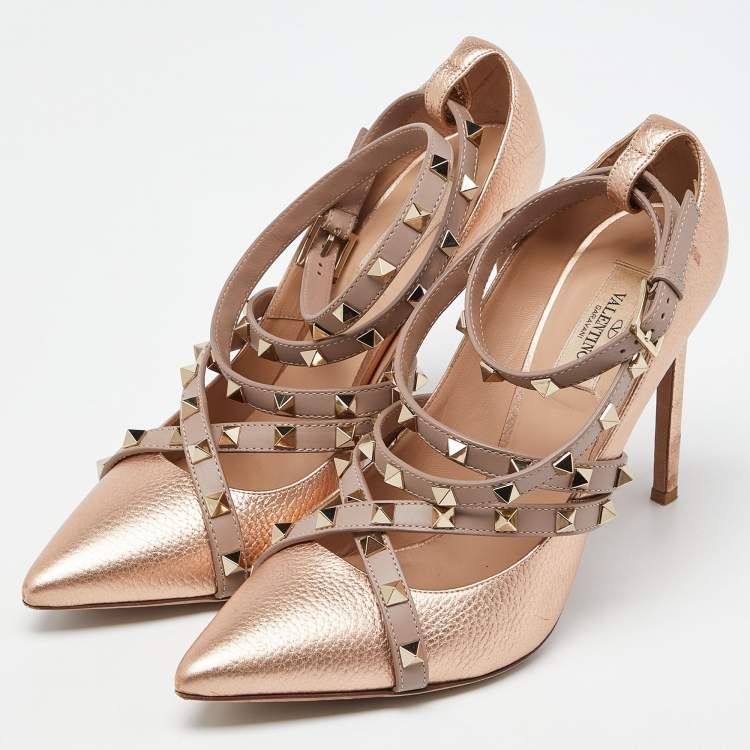 Pre Owned Valentino Metallic/Pink Leather Rockstud Crisscross Wrap Pointed Toe Pumps Size 41