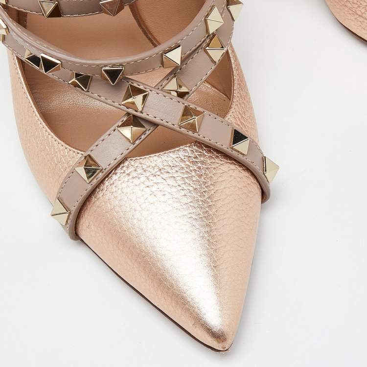 Pre Owned Valentino Metallic/Pink Leather Rockstud Crisscross Wrap Pointed Toe Pumps Size 41