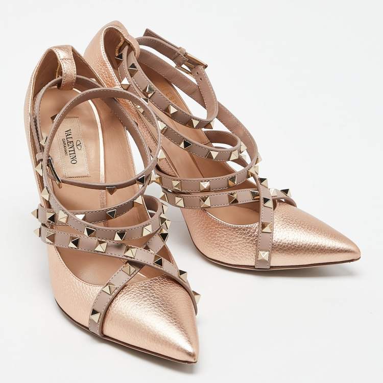 Pre Owned Valentino Metallic/Pink Leather Rockstud Crisscross Wrap Pointed Toe Pumps Size 41