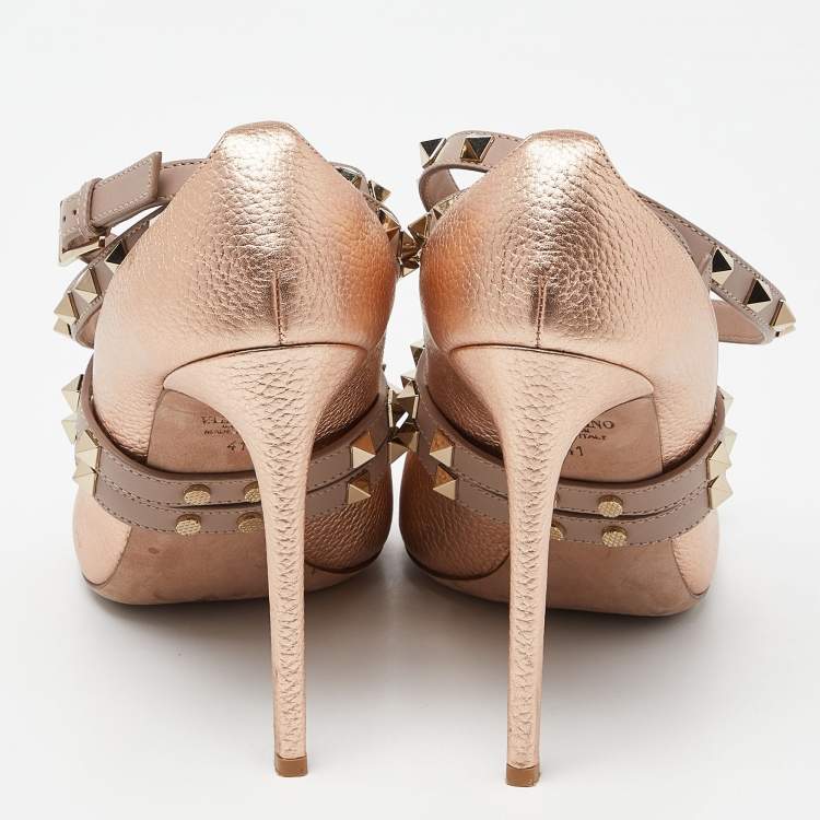 Pre Owned Valentino Metallic/Pink Leather Rockstud Crisscross Wrap Pointed Toe Pumps Size 41