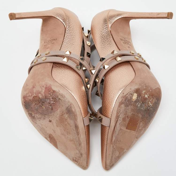 Pre Owned Valentino Metallic/Pink Leather Rockstud Crisscross Wrap Pointed Toe Pumps Size 41