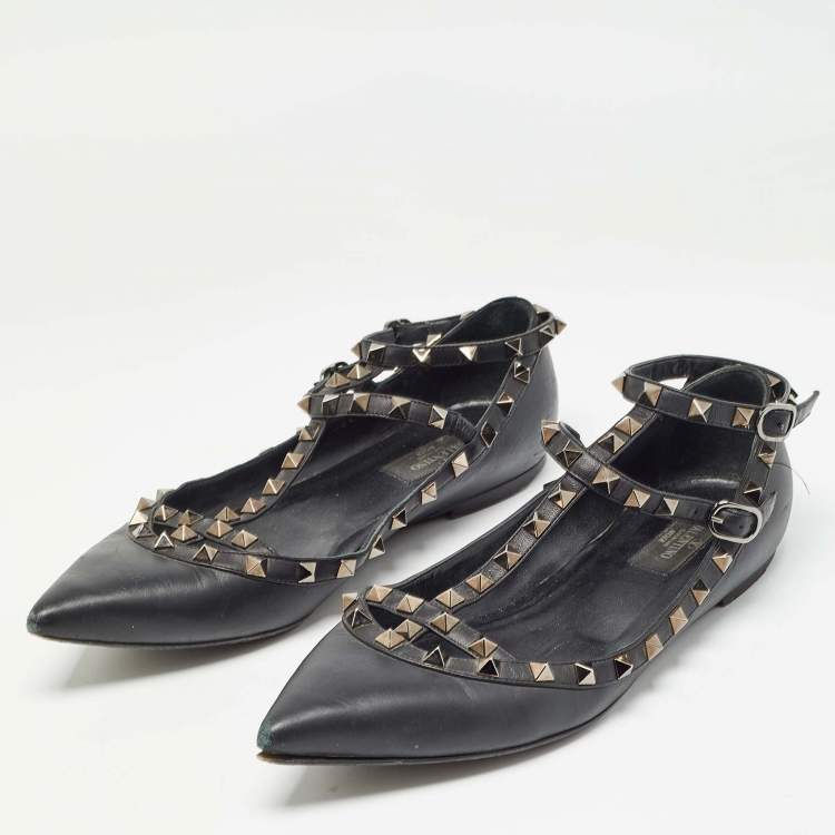 Pre Owned Valentino Black Leather Rockstud Ankle Strap Flats Size 40.5