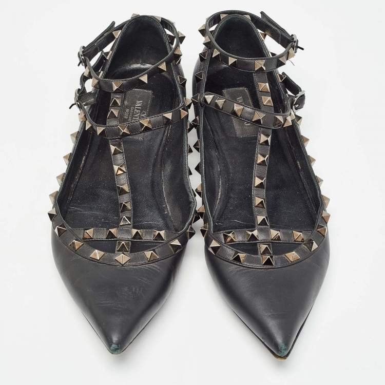 Pre Owned Valentino Black Leather Rockstud Ankle Strap Flats Size 40.5