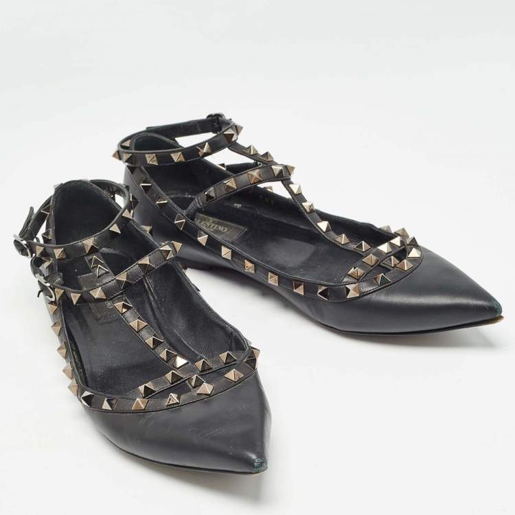 Pre Owned Valentino Black Leather Rockstud Ankle Strap Flats Size 40.5