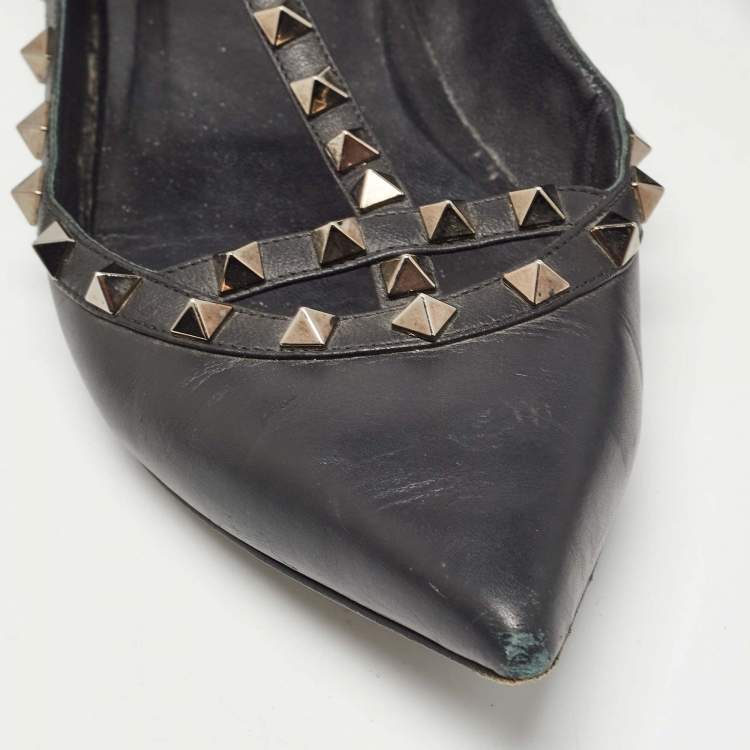Pre Owned Valentino Black Leather Rockstud Ankle Strap Flats Size 40.5