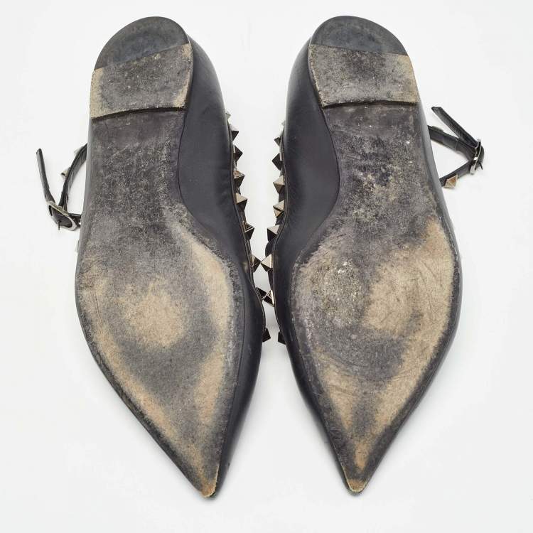 Pre Owned Valentino Black Leather Rockstud Ankle Strap Flats Size 40.5